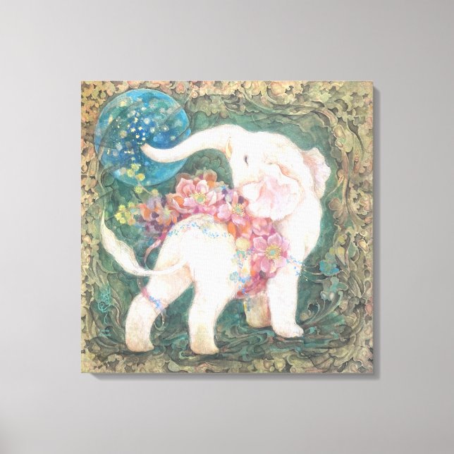 Lucky White Elephant: Japanese Nihonga Art Canvas Print (Front)