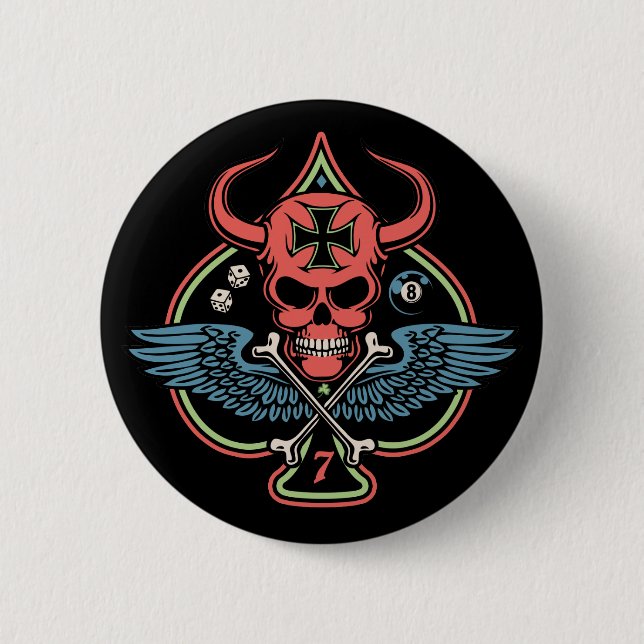 Lucky Winged Maltese Devil Skull of Spades 2 Inch Round Button (Front)