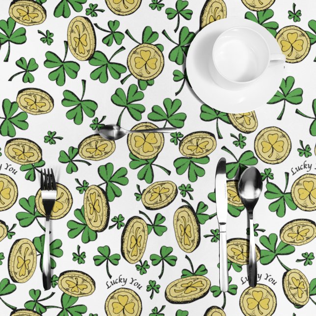 Lucky You Coins & Green Shamrocks St Patricks Day Tablecloth ("Lucky You" Hand-Drawn St. Patrick's Day Tablecloth)