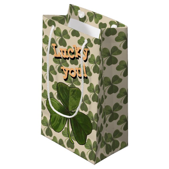 Lucky You Green Shamrock Custom Text Small Gift Bag (Front Angled)