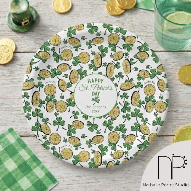Lucky You St. Patrick's Day Paper Plates (hand-drawn fine-line lucky you st patricks day plates with shamrocks and gold coins)
