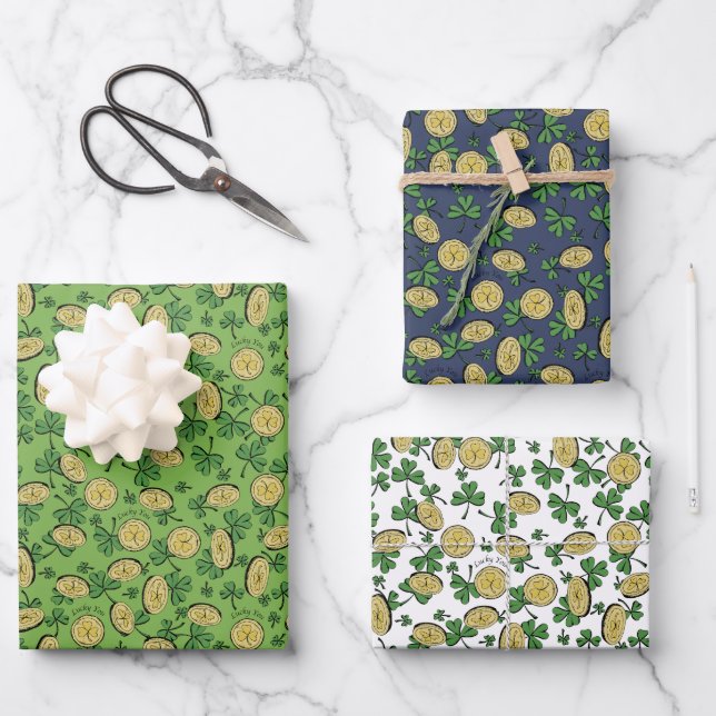 Lucky You St Patricks Day Shamrock Coins Clovers  Wrapping Paper Sheet (Front)