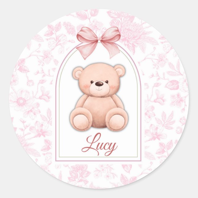 Lucy | Custom Pink Teddy Bear Nursery Design  Classic Round Sticker (Front)