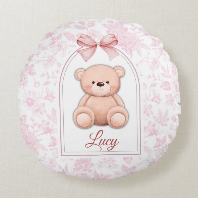 Lucy | Custom Pink Teddy Bear Nursery Design  Round Pillow (Front)