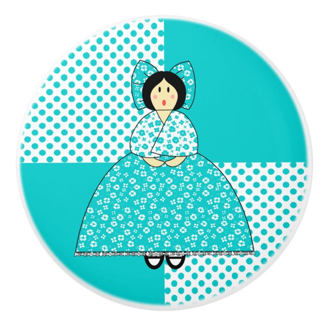 Lucy Doll With Aqua Polka Dot Background Ceramic Knob (Front)