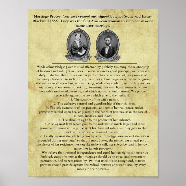 Lucy Stone Marriage Contract Suffrage Civil Rights Poster (Front)