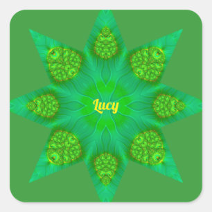 LUCY ~ WOW! Octagonal Green Star Fractal Design ~  Square Sticker