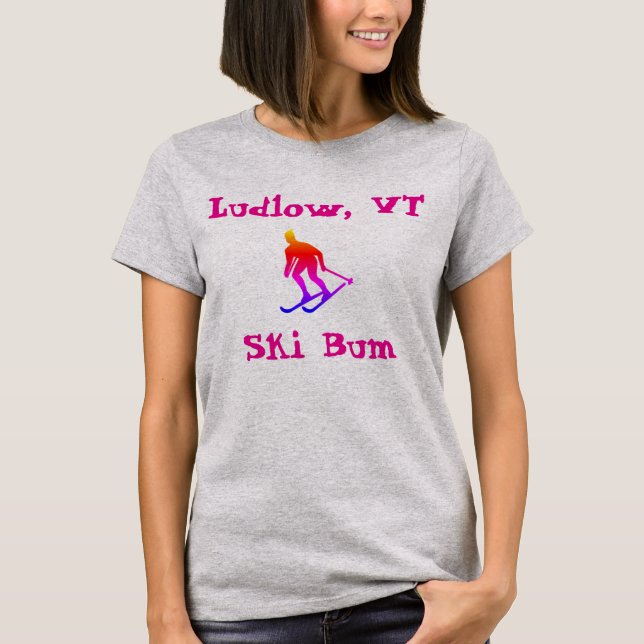 Ludlow, VT, Rainbow Ski Bum (Vermont Skiing) T-Shirt (Front)