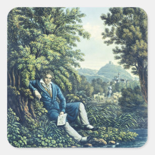 Ludwig van Beethoven by a River (coloured engravin Square Sticker