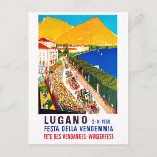 Lugano, areal view. People crowd on wine festival Postcard