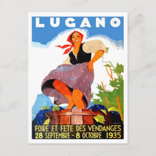 Lugano, Italy, girl is making wine, vintage Postcard