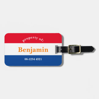 luggage label red white blue orange with name