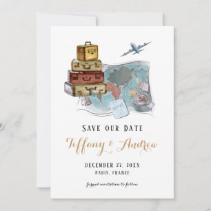 Luggage Map Destination Wedding Save The Date