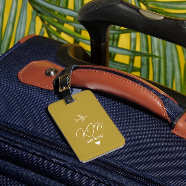 Luggage Tag Monogram Airplane Dusty Mustard (Front Insitu 1)