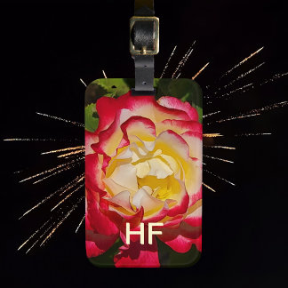 Luggage Tag Red Gold Rose Flower Floral Monogram