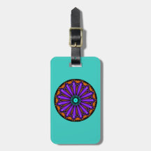 Luggage tag. Teal/blue background. Mandala design.