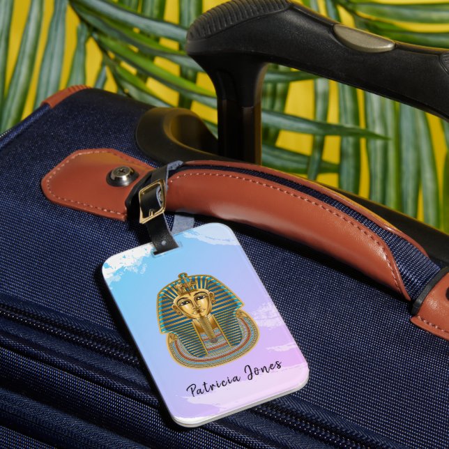 Luggage tag with a Tutankhamun mask illustration. (Front Insitu 1)