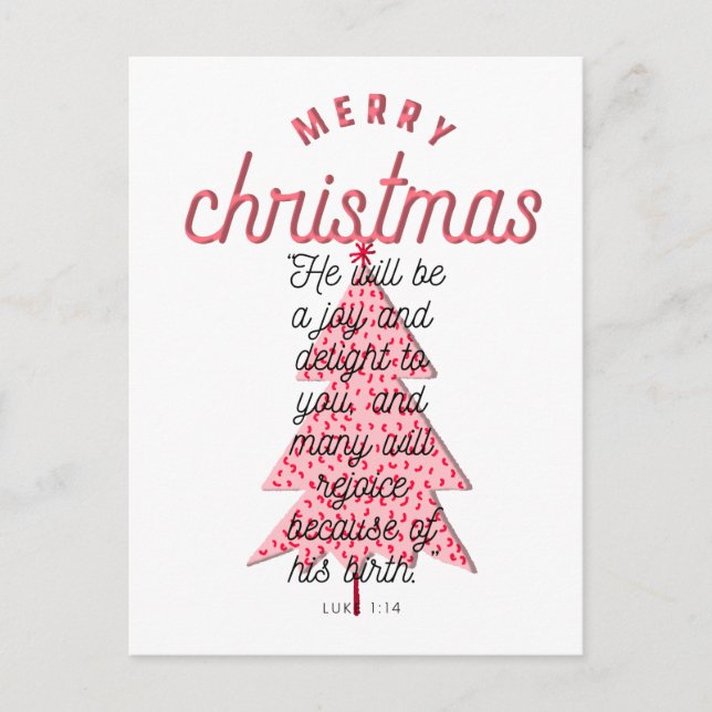 Luke 1:14 Pink Merry Christmas Tree Typography  Holiday Postcard (Front)