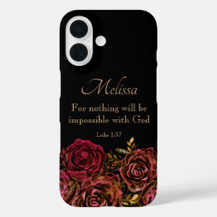 Luke 1:37 Bible Verse Black Red Roses Floral iPhone 16 Case