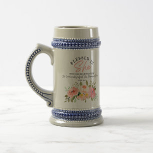 Luke 1:45 Blessed is She Floral Scripture Beer Stein