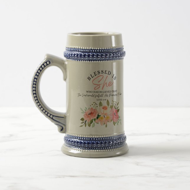 Luke 1:45 Blessed is She Floral Scripture Beer Stein (Left)