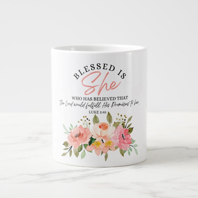 Luke 1:45 Blessed is She Floral Scripture Large Coffee Mug (Front)