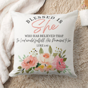 Luke 1:45 Blessed is She Floral Scripture Throw Pillow