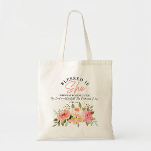 Luke 1:45 Blessed is She Floral Scripture Tote Bag