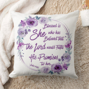 Luke 1:45 Blessed is She Purple Floral Throw Pillow