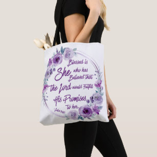 Luke 1:45 Blessed is She Purple Floral Tote Bag