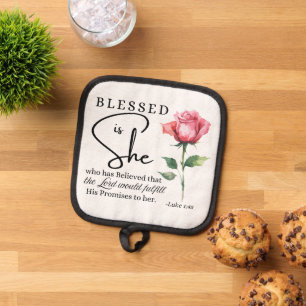 Luke 1:45 Blessed is She Rose Flower Pot Holder