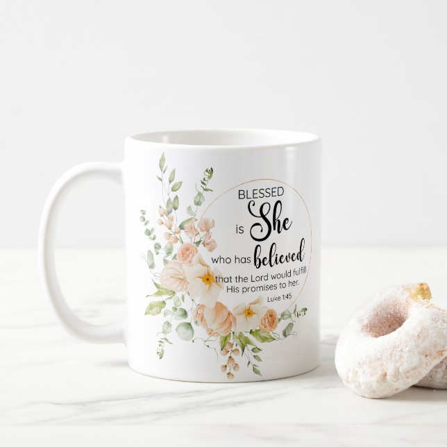Luke 1:45 Blessed is She Spring Orange Flower Coffee Mug (With Donut)
