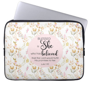 Luke 1:45 Blessed is She Watercolor Pink Floral Laptop Sleeve