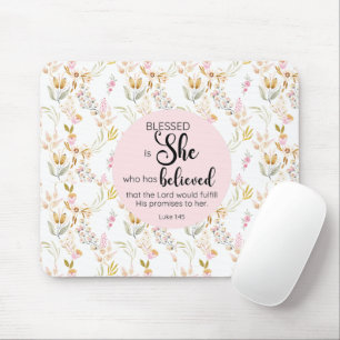 Luke 1:45 Blessed is She Watercolor Pink Floral Mouse Pad