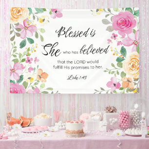 Luke 1:45 Blessed is She, Women's Scripture Floral Banner