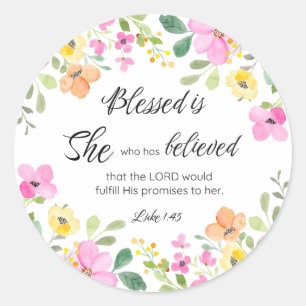 Luke 1:45 Blessed is She, Women's Scripture Floral Classic Round Sticker