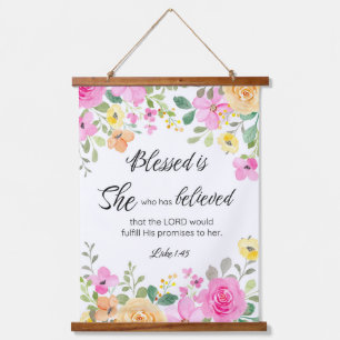 Luke 1:45 Blessed is She, Women's Scripture Floral Hanging Tapestry
