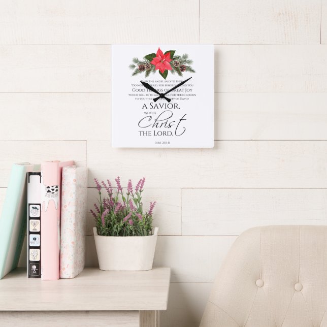 Luke 2:10-11 Good Tidings Poinsettia Christmas Square Wall Clock (Reading Room)