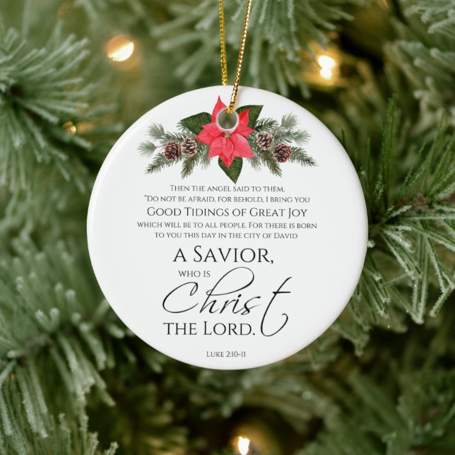 Luke 2:10-11 Poinsettia Christmas Scripture Ceramic Ornament (Tree)