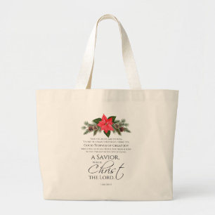 Luke 2:10-11 Poinsettia Christmas Scripture Large Tote Bag