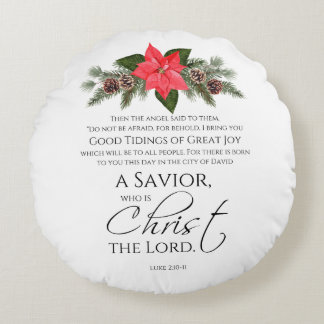 Luke 2:10-11 Poinsettia Christmas Scripture Round Pillow