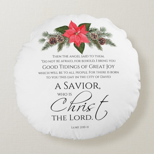 Luke 2:10-11 Poinsettia Christmas Scripture Round Pillow (Front)