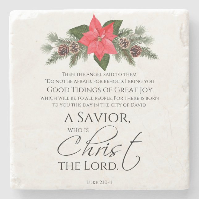 Luke 2:10-11 Poinsettia Christmas Scripture Stone Coaster (Front)