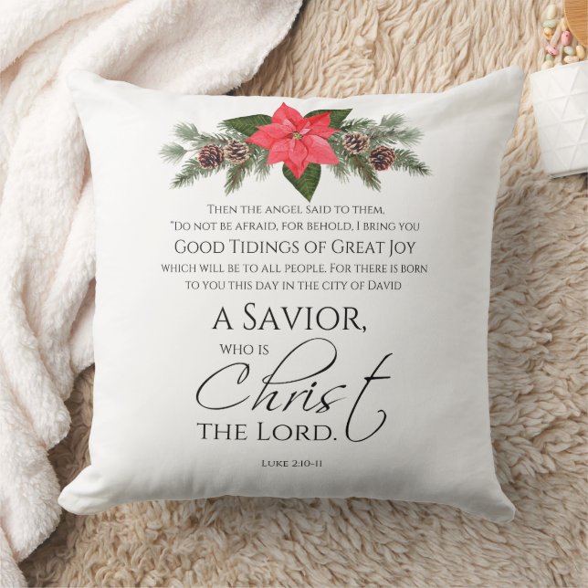 Luke 2:10-11 Poinsettia Christmas Scripture Throw Pillow (Blanket)