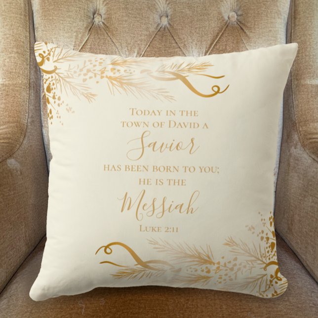 Luke 2:11 Christian Scripture Gold Merry Christmas Throw Pillow (Luke 2:11 A Savior is born Custom Bible Scripture, Golden Modern Unique Merry Christmas Decor Gift)