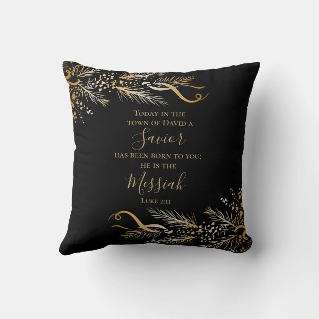 Luke 2:11 Scripture Elegant Gold Merry Christmas Throw Pillow (Back)