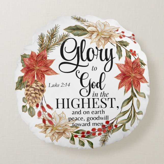 Luke 2:14 Glory to God Christmas Gold Floral Round Pillow (Front)