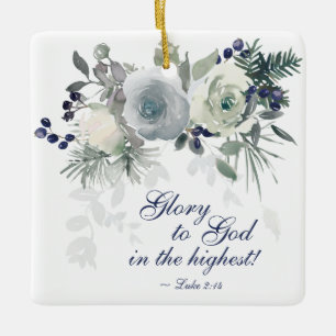 Luke 2:14 "Glory to God" White Rose Christmas Ceramic Ornament