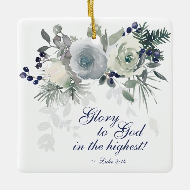 Luke 2:14 "Glory to God" White Rose Christmas Ceramic Ornament (Front)