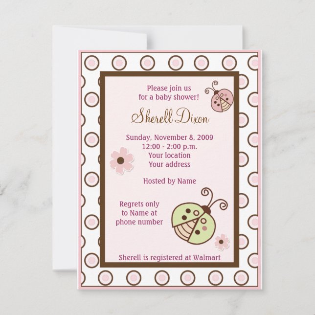 Lullabye Ladybug Mod Girly baby shower invitations (Front)